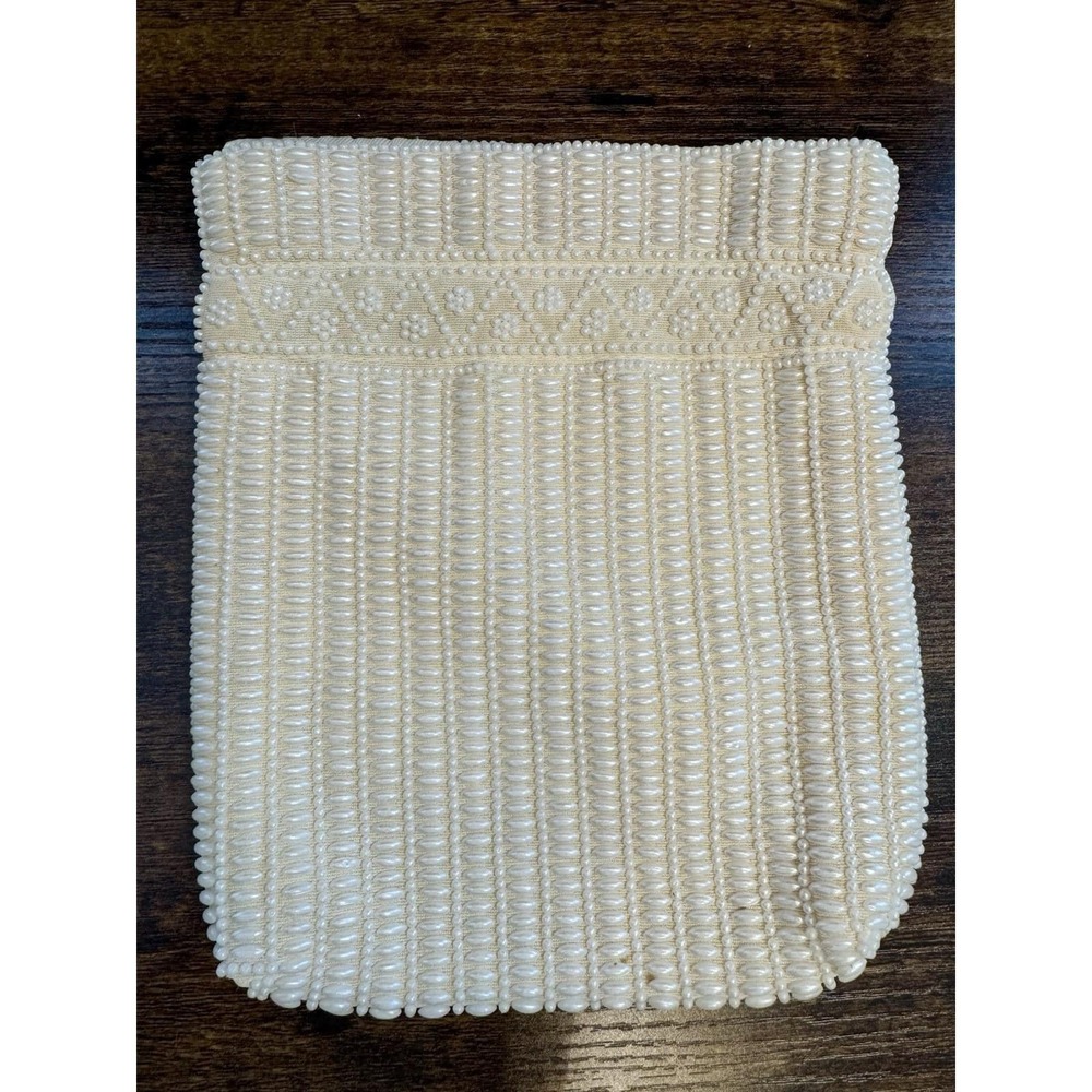 VTG 60s Fine Arts Co Faux Pearl Lingerie Jewelry Bag Purse Off White Drawstring